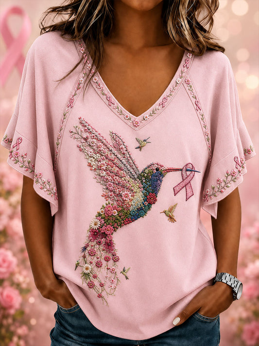 Frauen Brustkrebs Bewusstsein Kolibri Hang Shot Kurzarm T-Shirt