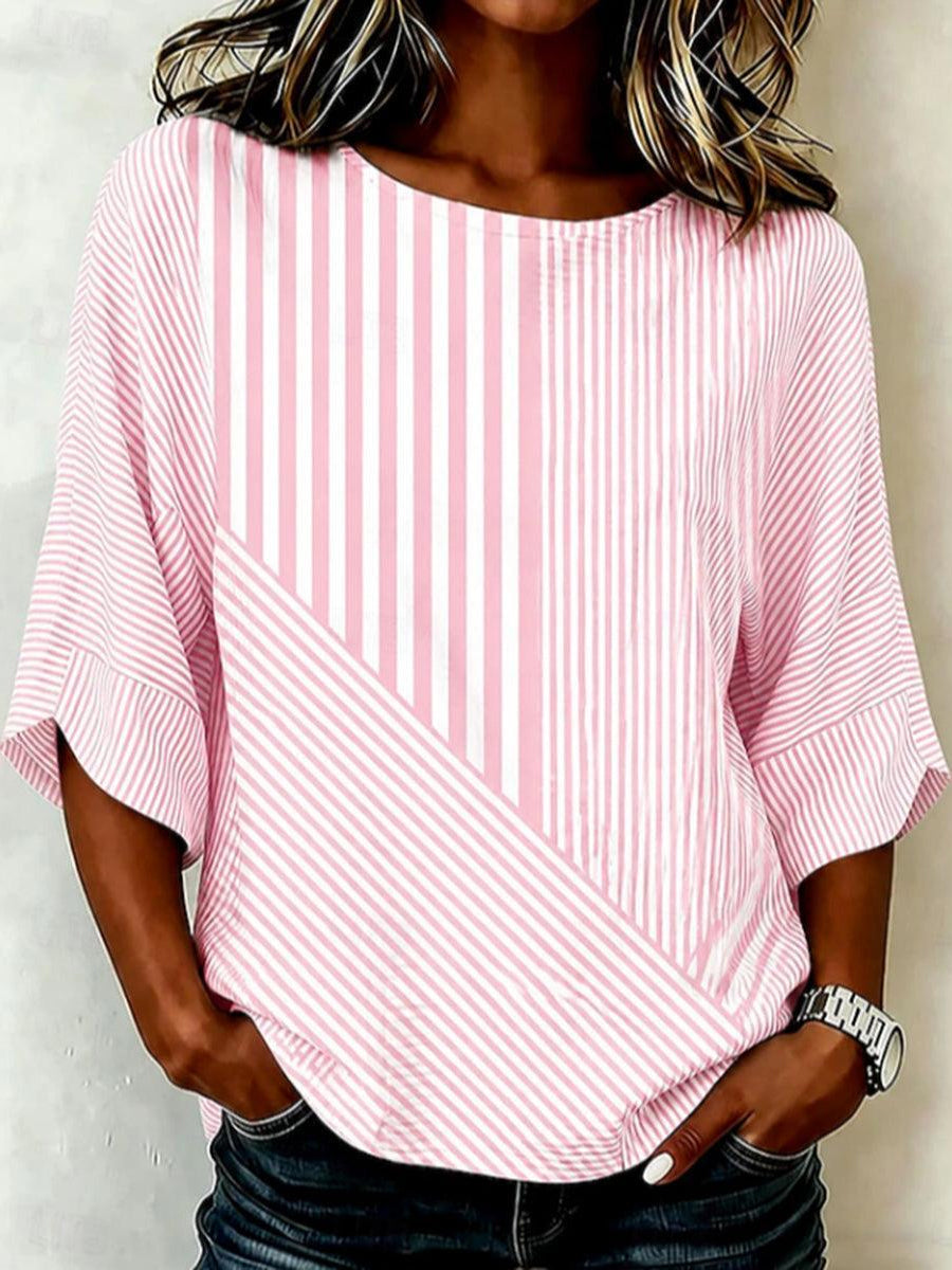 Damen-Edles rosa gestreiftes Patchwork-Artprint-Leinen-T-Shirt mit Mittelarm
