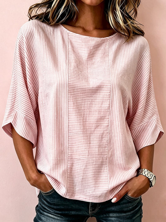 Damen-Edles rosa gestreiftes Kunstdruck-Leinen-T-Shirt mit Mittelarm