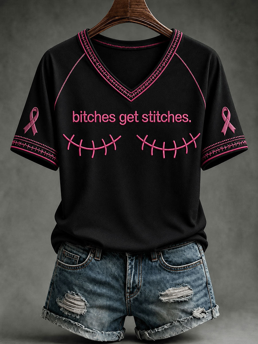 Damen-T-Shirt mit V-Ausschnitt „Bitches Get Stitches“