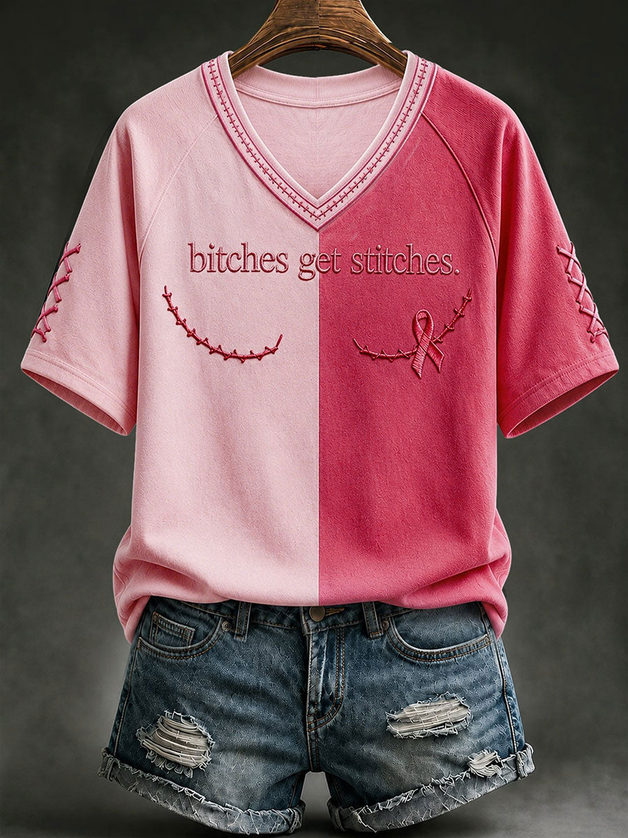 Damen-T-Shirt mit V-Ausschnitt „Bitches Get Stitches“