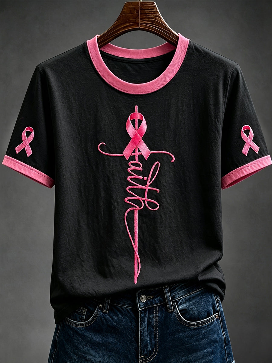 Damen Faith Pink Ribbon Print Rundhals-T-Shirt mit kurzen Ärmeln