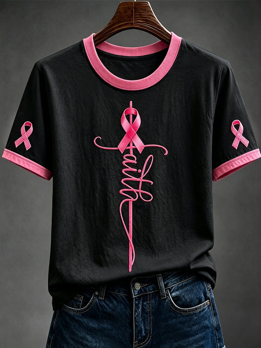 Damen Faith Pink Ribbon Print Rundhals-T-Shirt mit kurzen Ärmeln