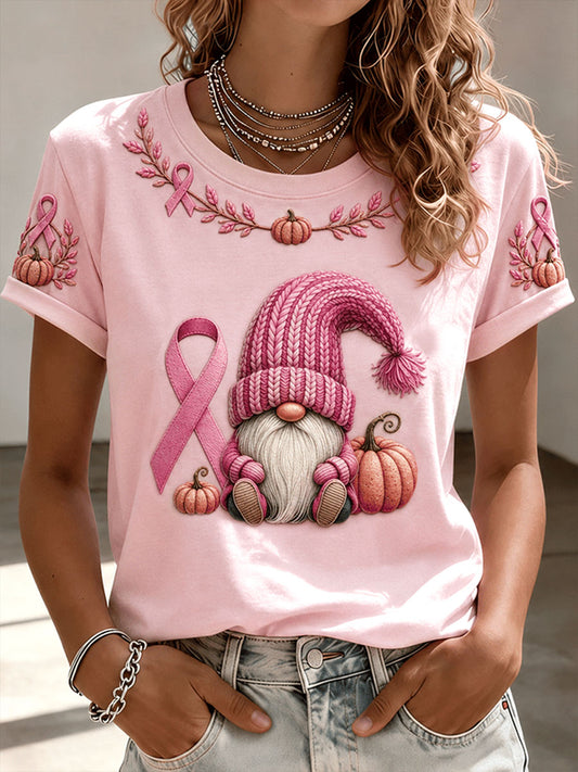Frauen Brustkrebs Bewusstsein Rosa Garn Beanie Gnome Kurzarm T-Shirt