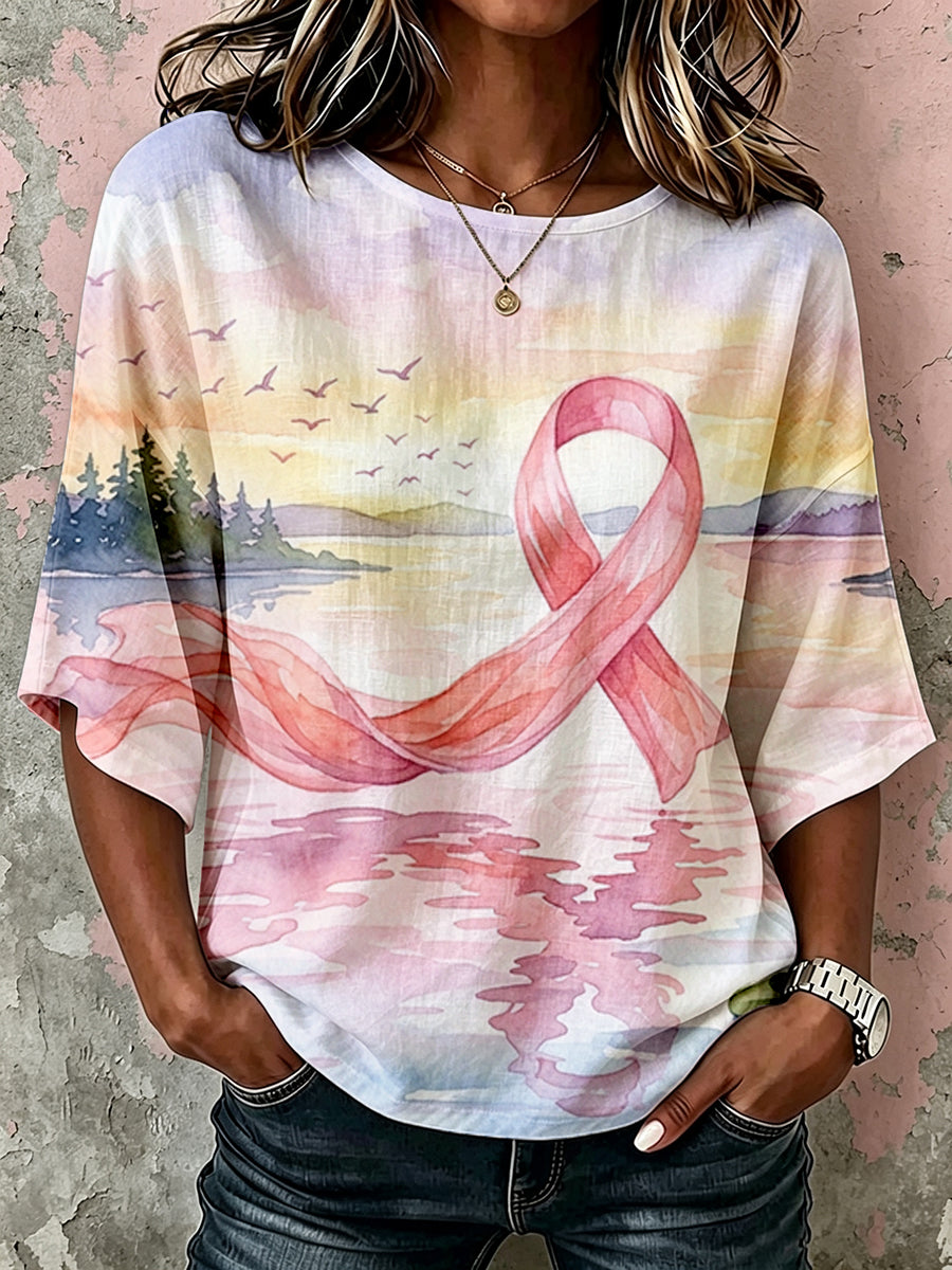 Damen-Vintage-T-Shirt aus Leinen mit Aquarell‑Kunstdruck zum Thema Rosa Schleife und Krebsbewusstsein, mit Mittelarmärmeln