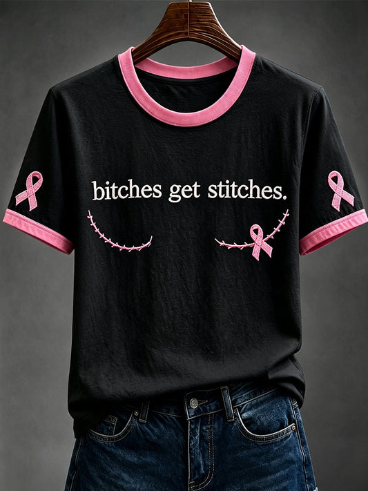 Frauen Rosa Band Brustkrebs Bewusstsein Kunst Print Kurzarm T-Shirt
