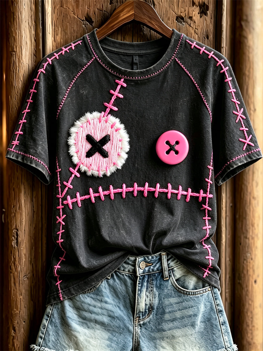 Damen-T-Shirt mit niedlichem Monstergesicht und pinkfarbenen Ziernähten, Kurzarm