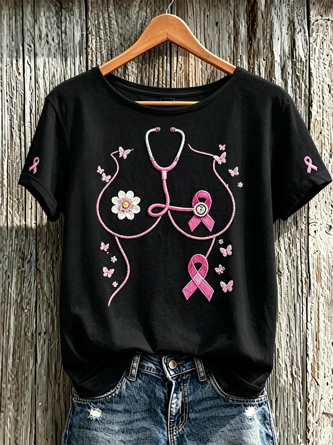 Frauen-T-Shirt mit Aufdruck zum Thema Brustkrebsbewusstsein, lässig, kurzärmelig