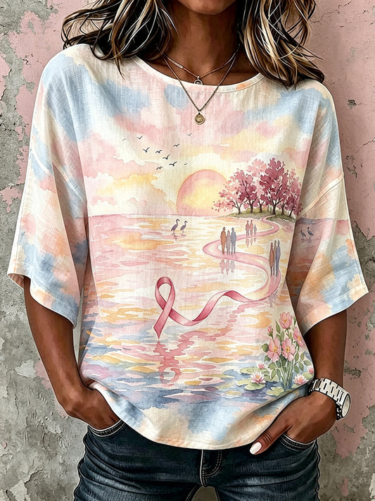 Damen-T-Shirt aus Leinen mit klassischem Aquarell‑Kunstdruck zum Thema Rosa Schleife und Mitgefühl, mit Mittelarmärmeln