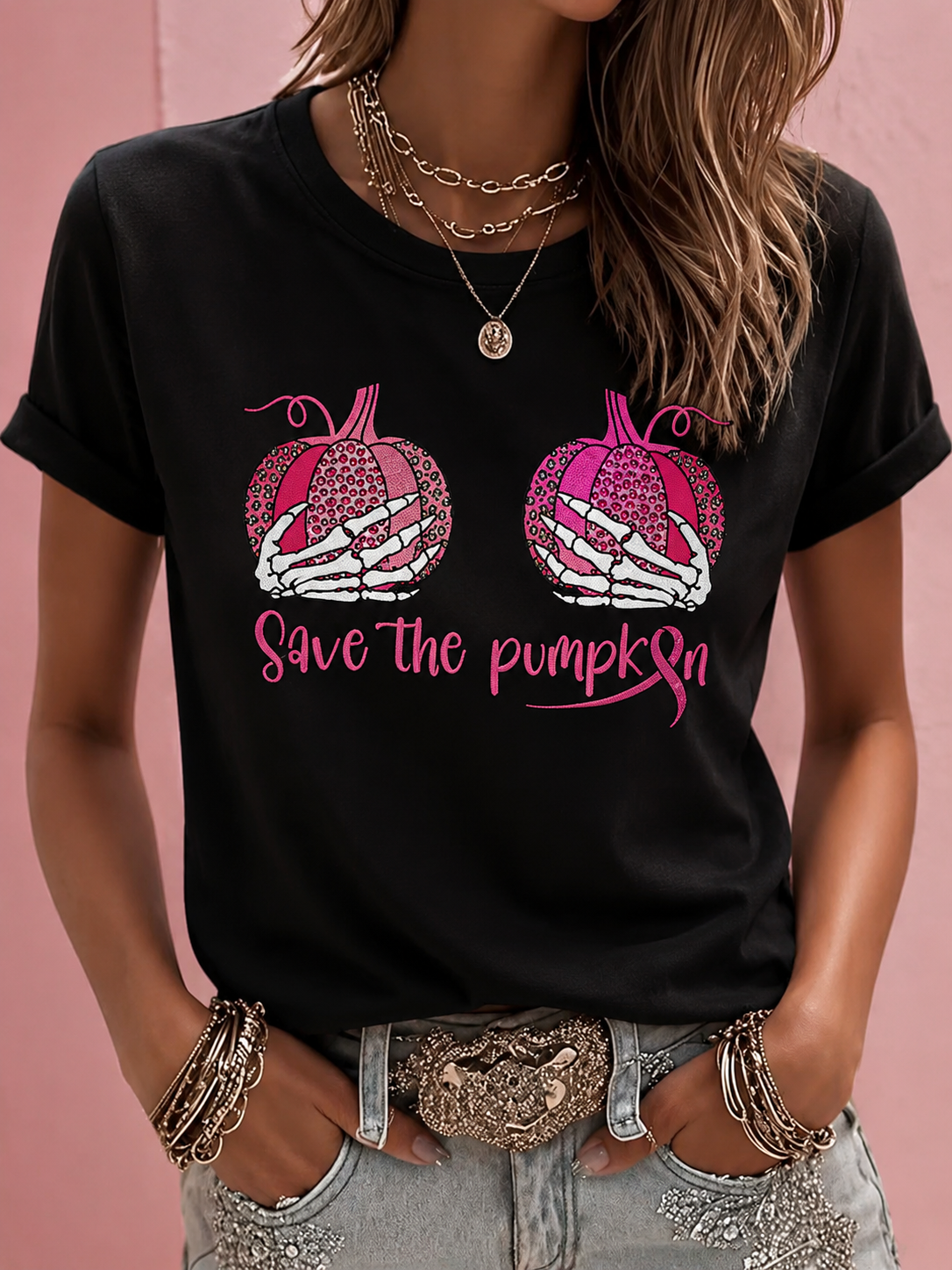 Damen-T-Shirt mit Kurzärmeln zum Thema Brustkrebs