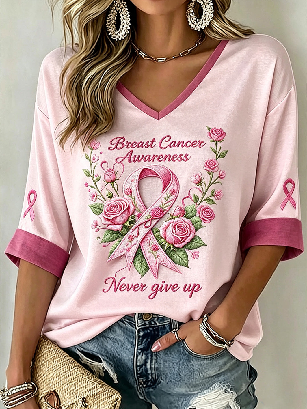 Frauen Brustkrebs Bewusstsein Haupt muster bedruckte mittellange Ärmel V-Ausschnitt T-Shirt