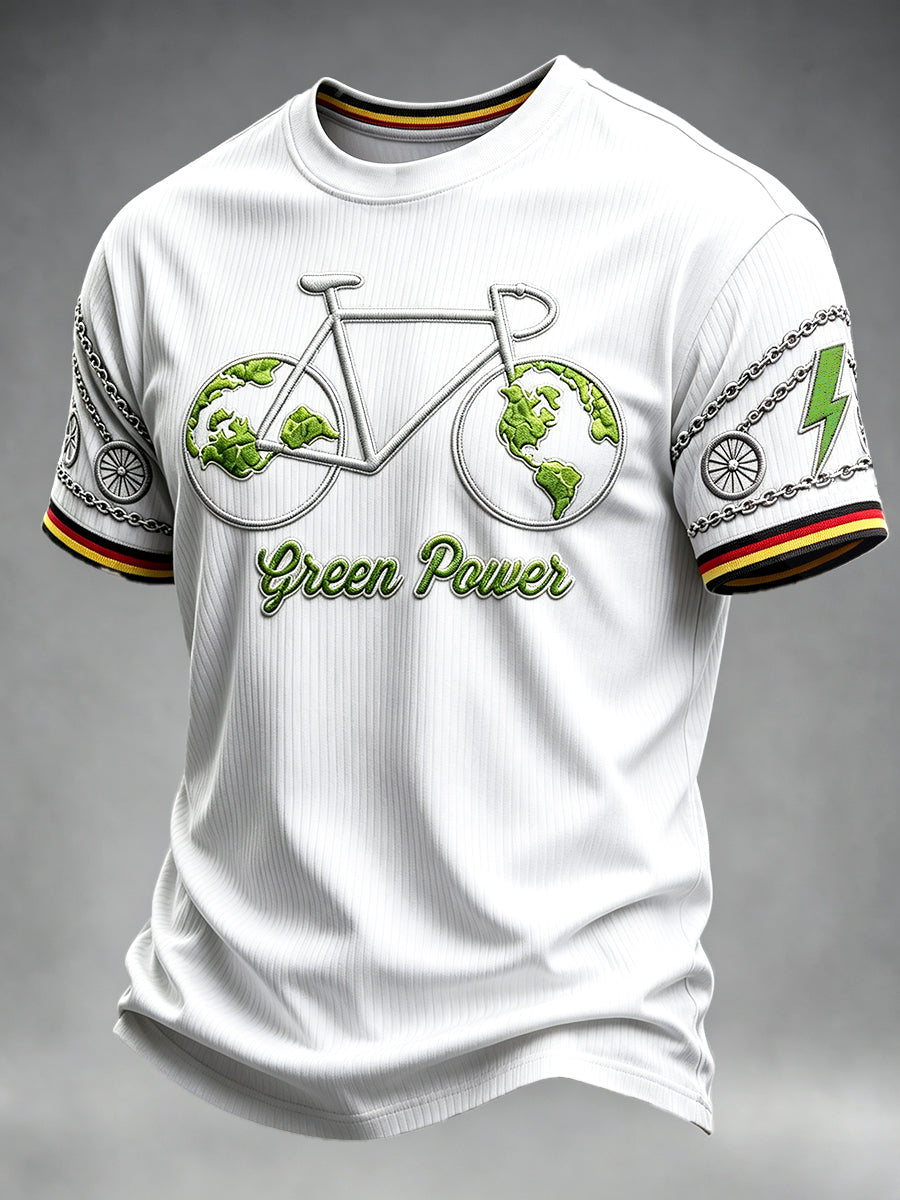 Herrenweißes, umweltfreundliches Freizeit-T-Shirt mit 3D‑Druck im deutschen Fahrrad‑Style