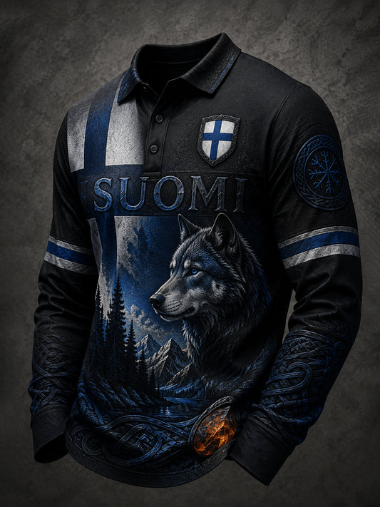 Herren-Poloshirt mit langen Ärmeln und finnisch-vikingisch inspiriertem Grafikdruck