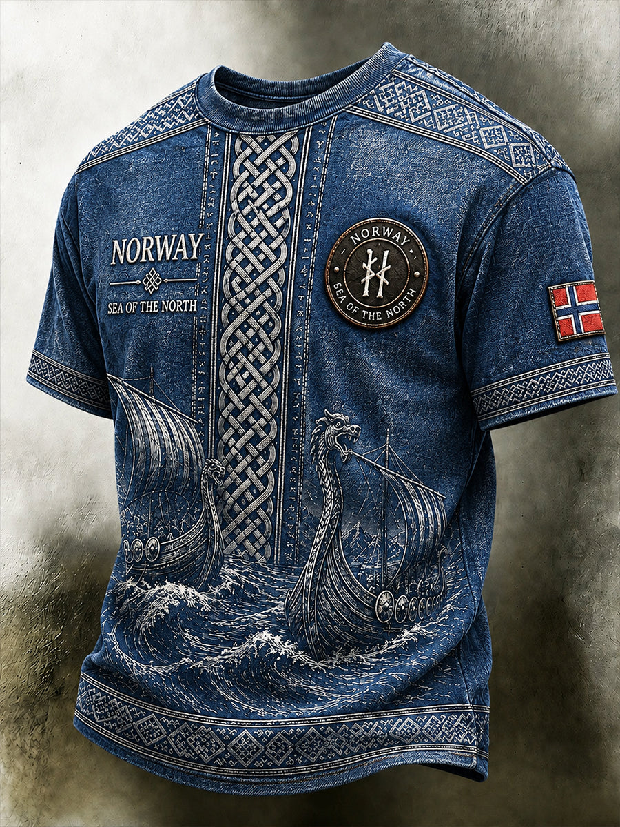 Lässiges T-Shirt mit Vintage-Druck im norwegisch-viking‑skandinavisch‑nordischen Stil