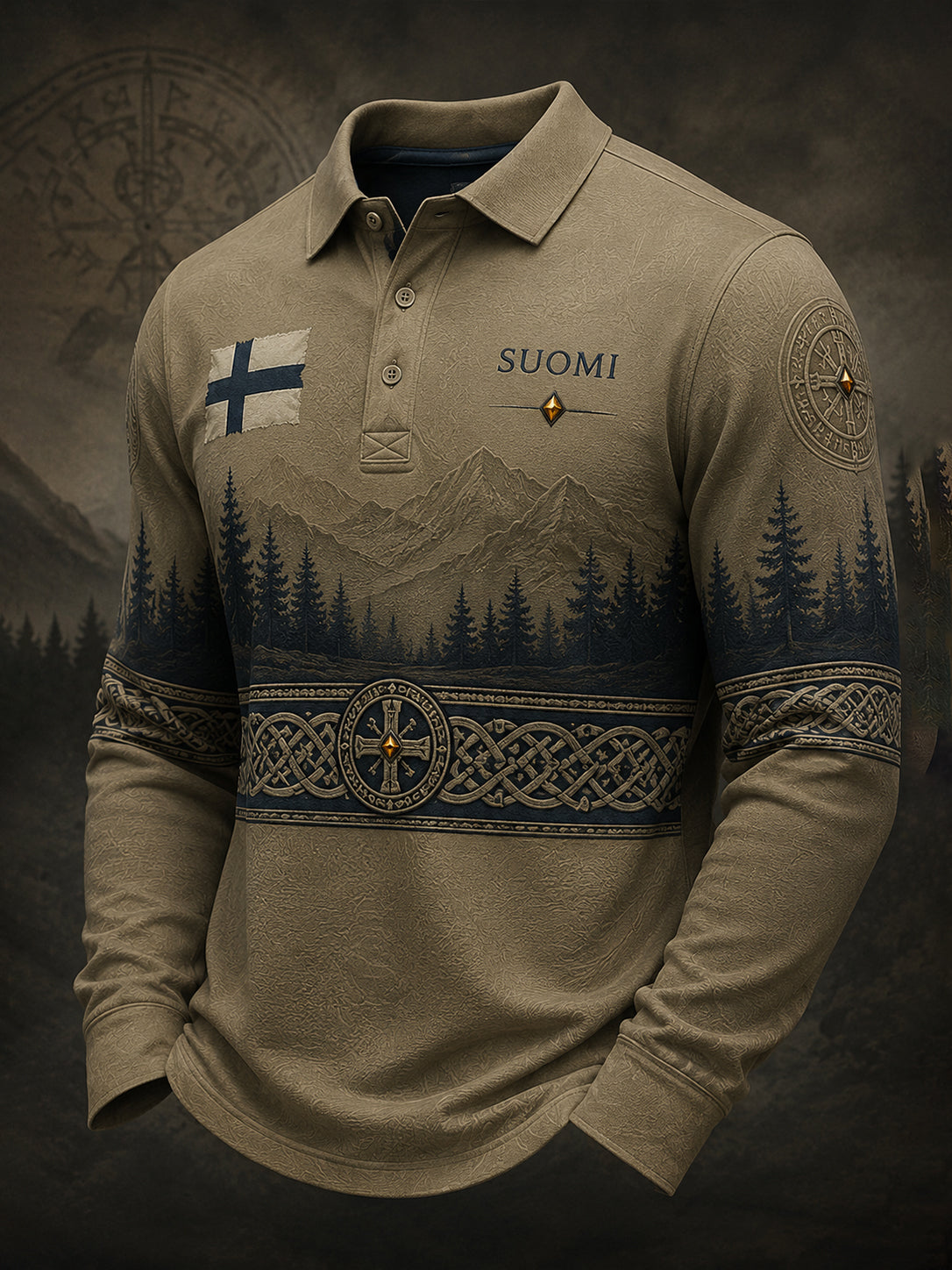 Herren-Poloshirt mit langen Ärmeln und finnisch-vikingisch inspiriertem Grafikdruck
