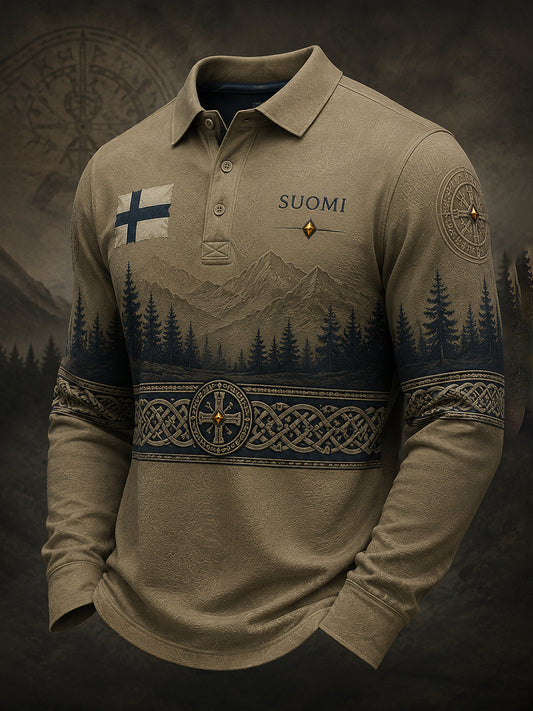 Herren-Poloshirt mit langen Ärmeln und finnisch-vikingisch inspiriertem Grafikdruck