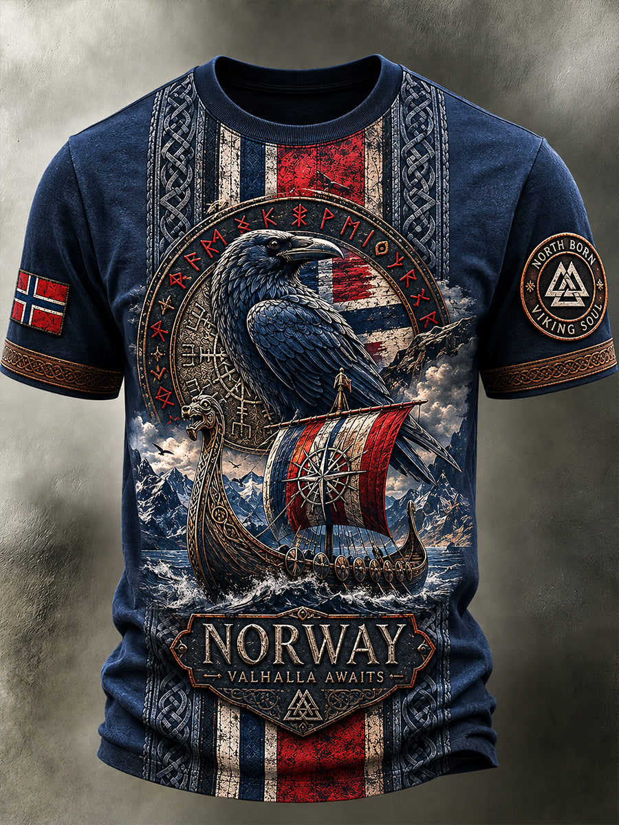 Lässiges T-Shirt mit Vintage-Druck im norwegisch-viking‑skandinavisch‑nordischen Stil