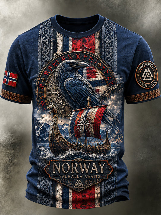 Lässiges T-Shirt mit Vintage-Druck im norwegisch-viking‑skandinavisch‑nordischen Stil