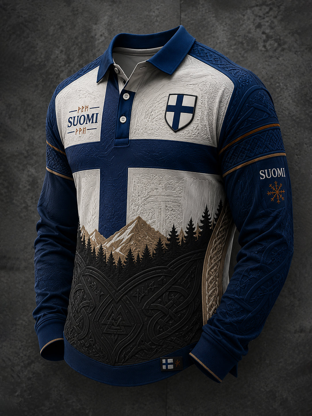 Herren-Poloshirt mit langen Ärmeln und finnisch-vikingisch inspiriertem Grafikdruck