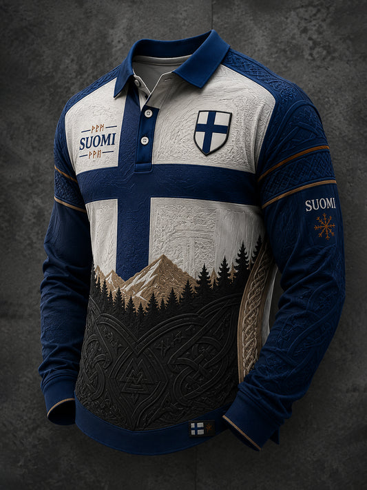 Herren-Poloshirt mit langen Ärmeln und finnisch-vikingisch inspiriertem Grafikdruck