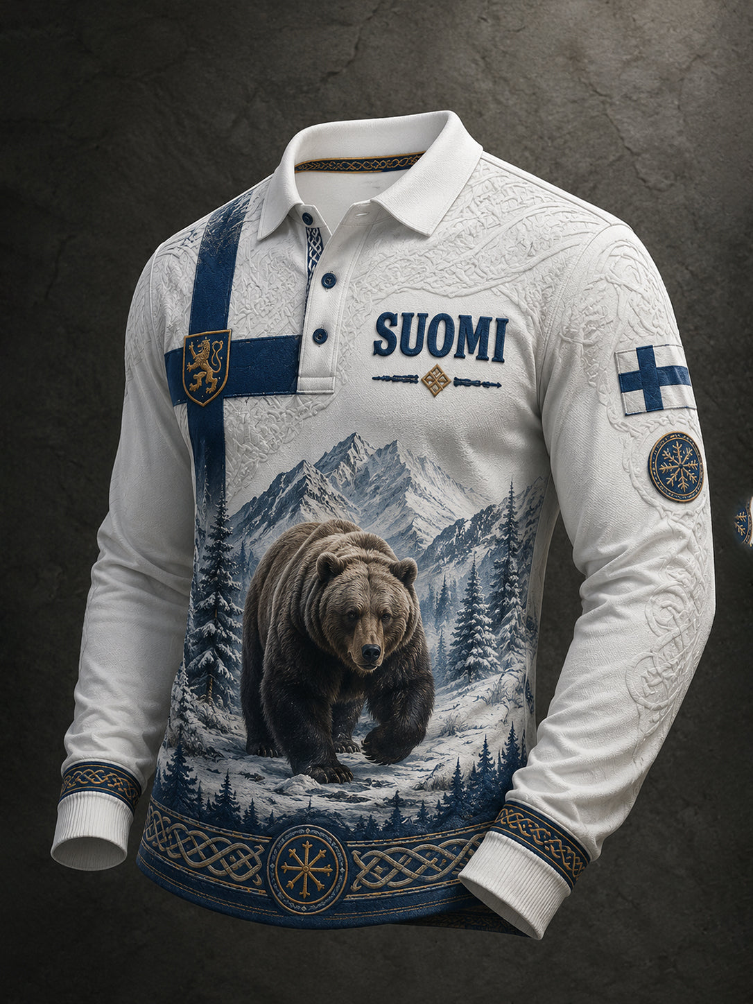 Herren-Poloshirt mit langen Ärmeln und finnisch-vikingisch inspiriertem Grafikdruck