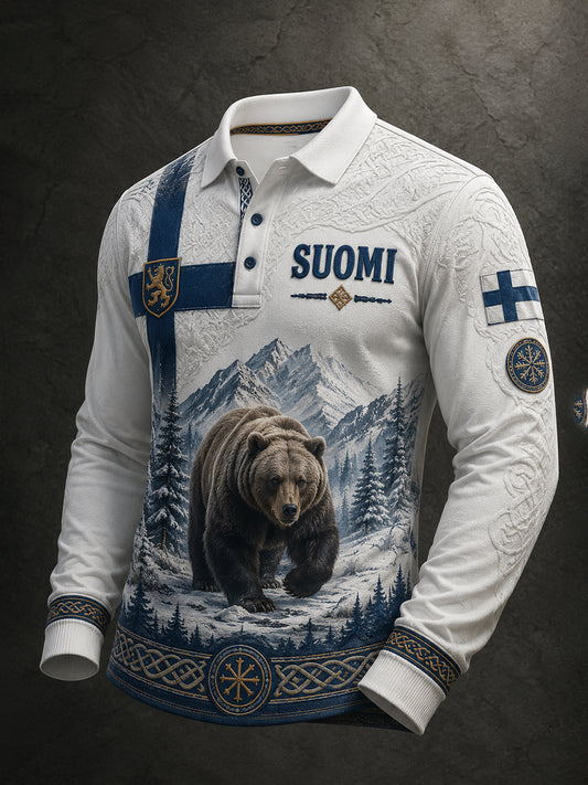 Herren-Poloshirt mit langen Ärmeln und finnisch-vikingisch inspiriertem Grafikdruck