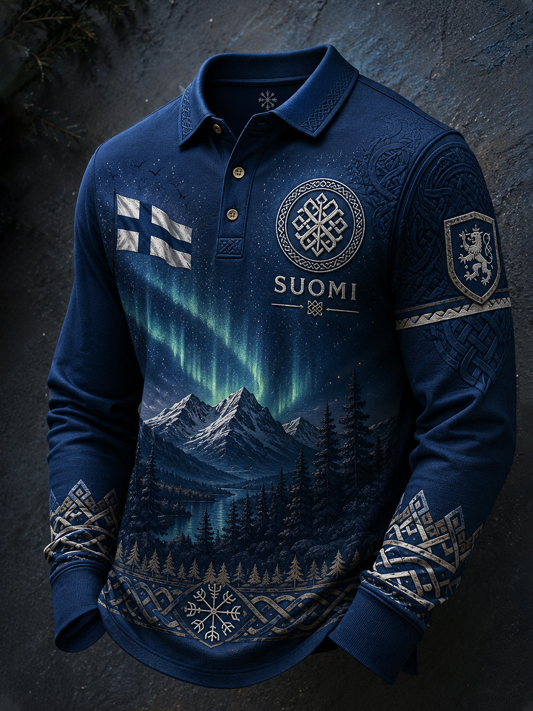 Langärmliges Herren-Polos hirt mit finnischem Viking-inspirierten Grafik druck