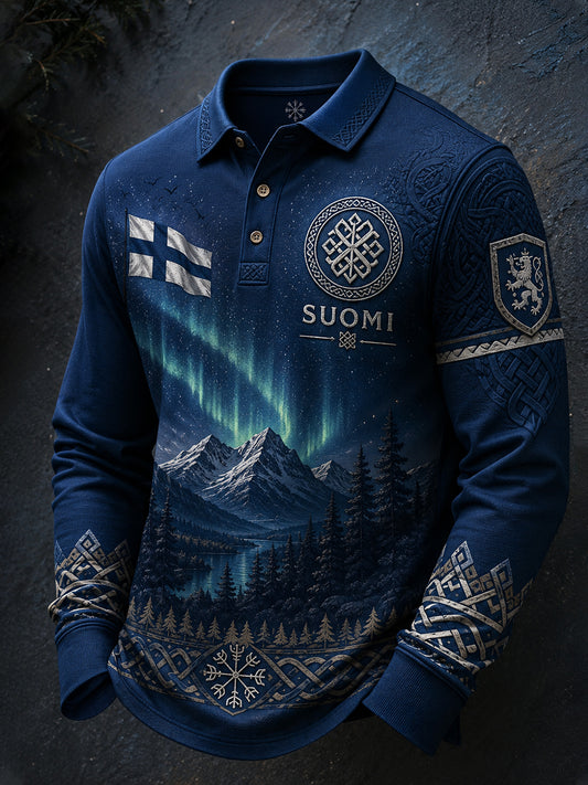 Langärmliges Herren-Polos hirt mit finnischem Viking-inspirierten Grafik druck