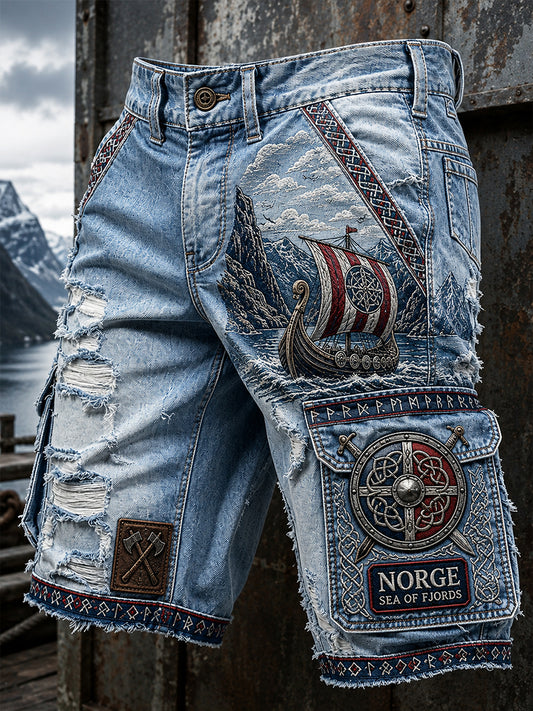 Lässige Shorts mit kunstvollem Vintage-Druck im norwegisch-vikingischen, skandinavischen und nordischen Stil