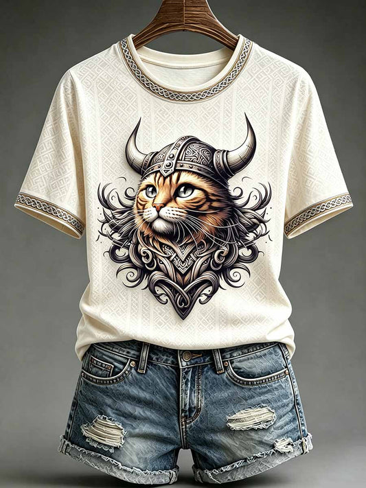 Frauen lustige Katze Wikinger Krieger gedruckt T-Shirt