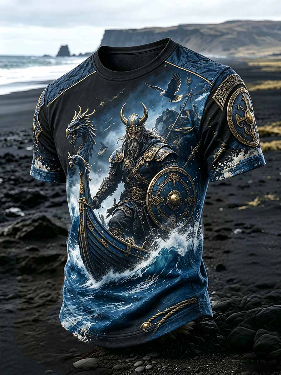 Herren-Vintage-T-Shirt mit Wikinger-Wolf-Print