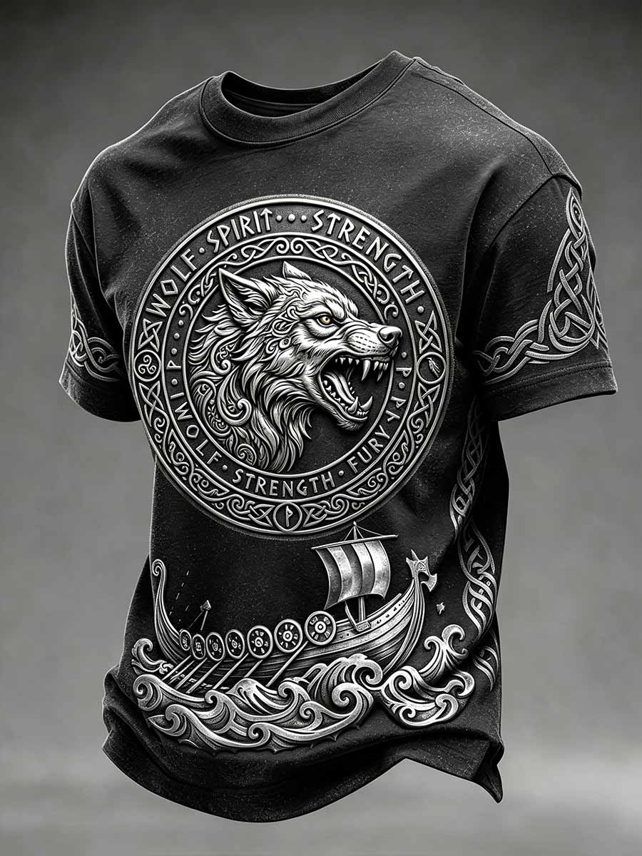 Herren Vintage Viking Wolf Print T-Shirt