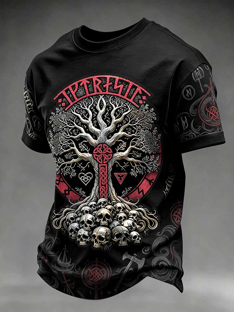 Männer Retro Baum des Lebens Schädel Print T-Shirt