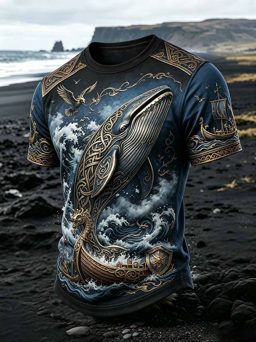 Herren-Vintage-T-Shirt mit Wikinger- und Wal-Print
