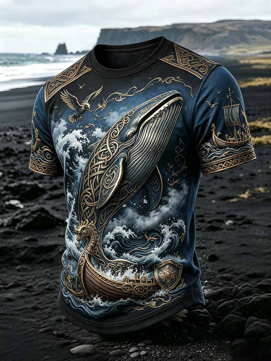 Herren-Vintage-T-Shirt mit Wikinger- und Wal-Print