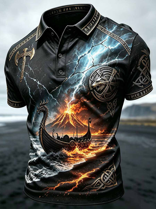 Herren-Vintage-Poloshirt mit Wikinger-Wolf-Print