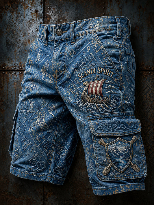 Lässige Shorts mit kunstvollem Vintage-Druck im norwegisch-vikingischen, skandinavischen und nordischen Stil