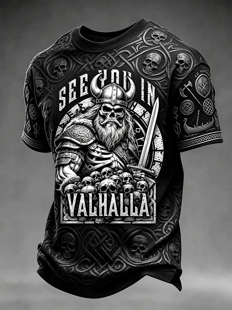 Herren-Vintage-T-Shirt mit Wikingerkrieger-Print
