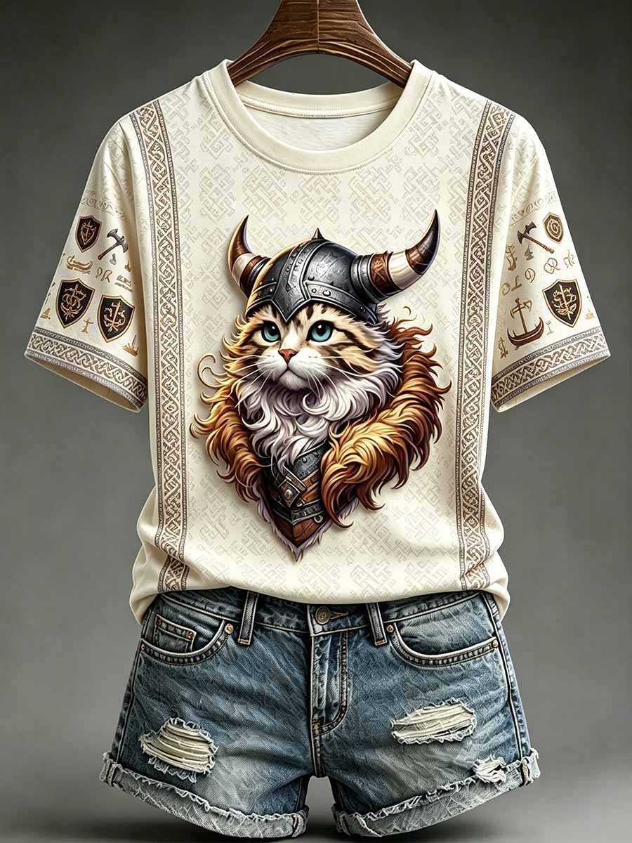 Frauen-Freizeit-T-Shirt mit lustigem Katzen-Vikingerkrieger-Print