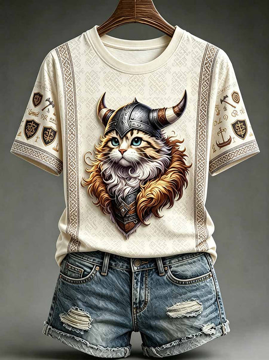 Frauen-Freizeit-T-Shirt mit lustigem Katzen-Vikingerkrieger-Print