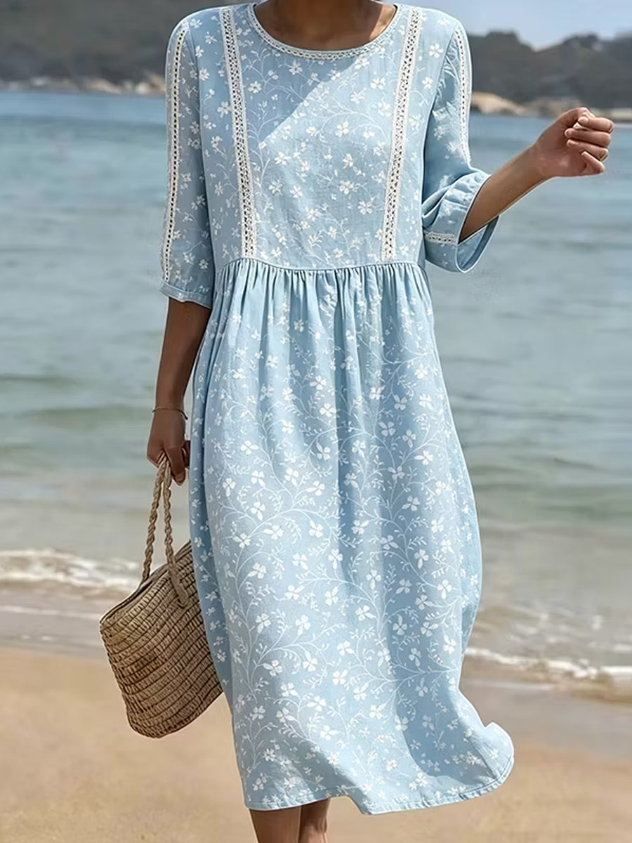 Elegantes, schickes, weites Midikleid im Vintage-Stil mit V-Ausschnitt und bohemianem Blumenmuster