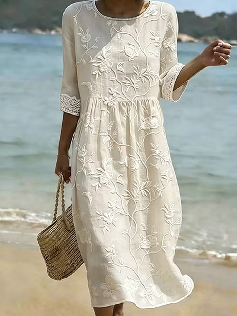 Elegantes, schickes, weites Midikleid im Vintage-Stil mit V-Ausschnitt und bohemianem Blumenmuster