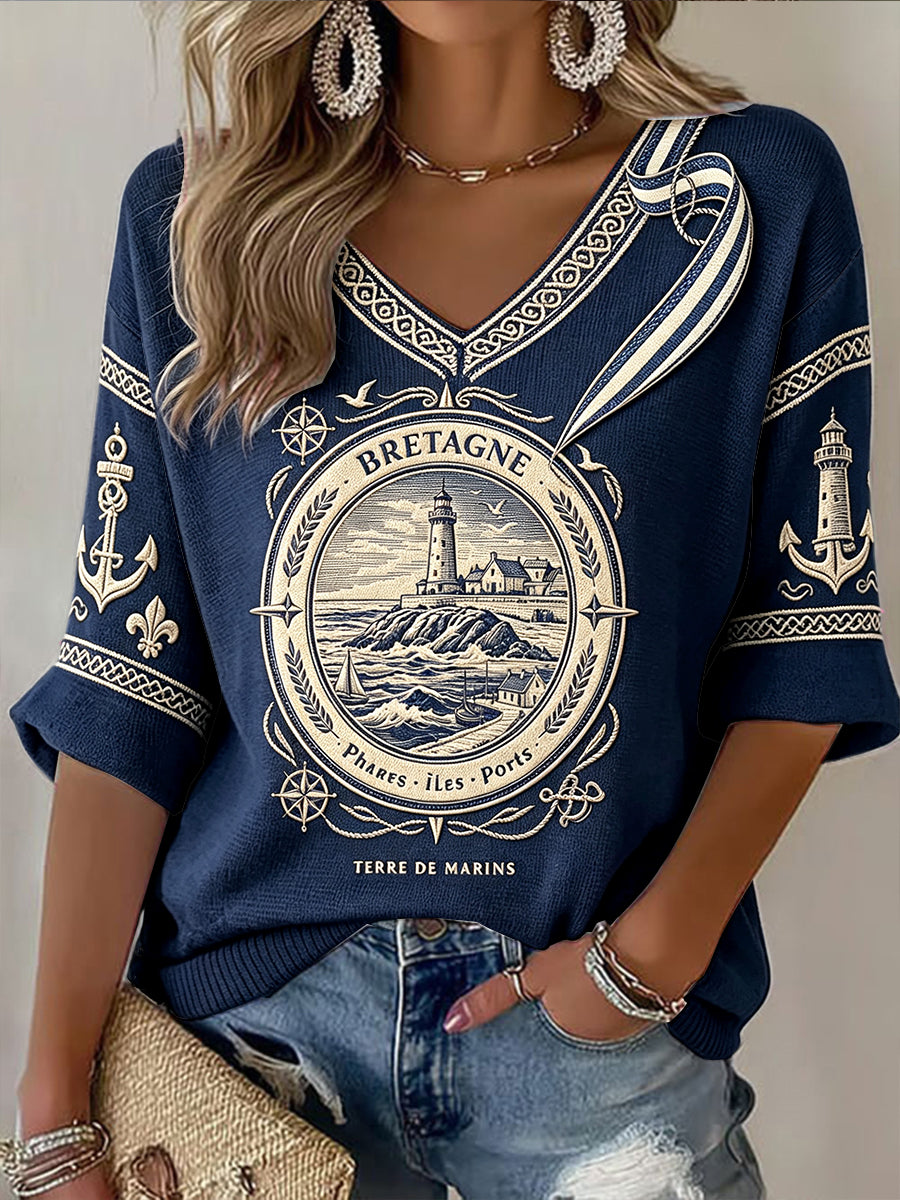 Damen Retro Dunkelblau Französisch Brittany Harbour-Print Casual T-Shirt mit V-Ausschnitt