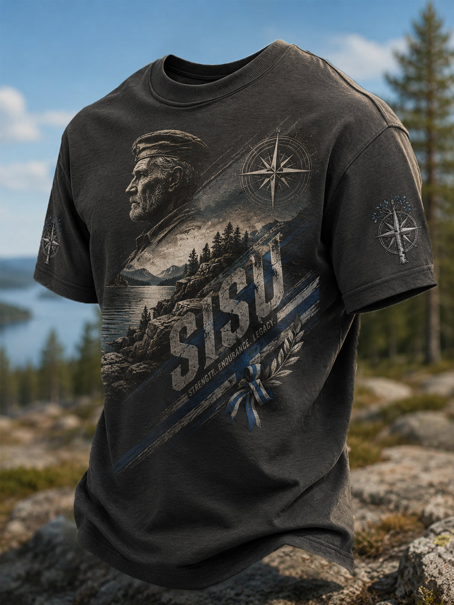 Herren Sisu Bestimmung Finnischer Berg Mut Druck Casual T-Shirt