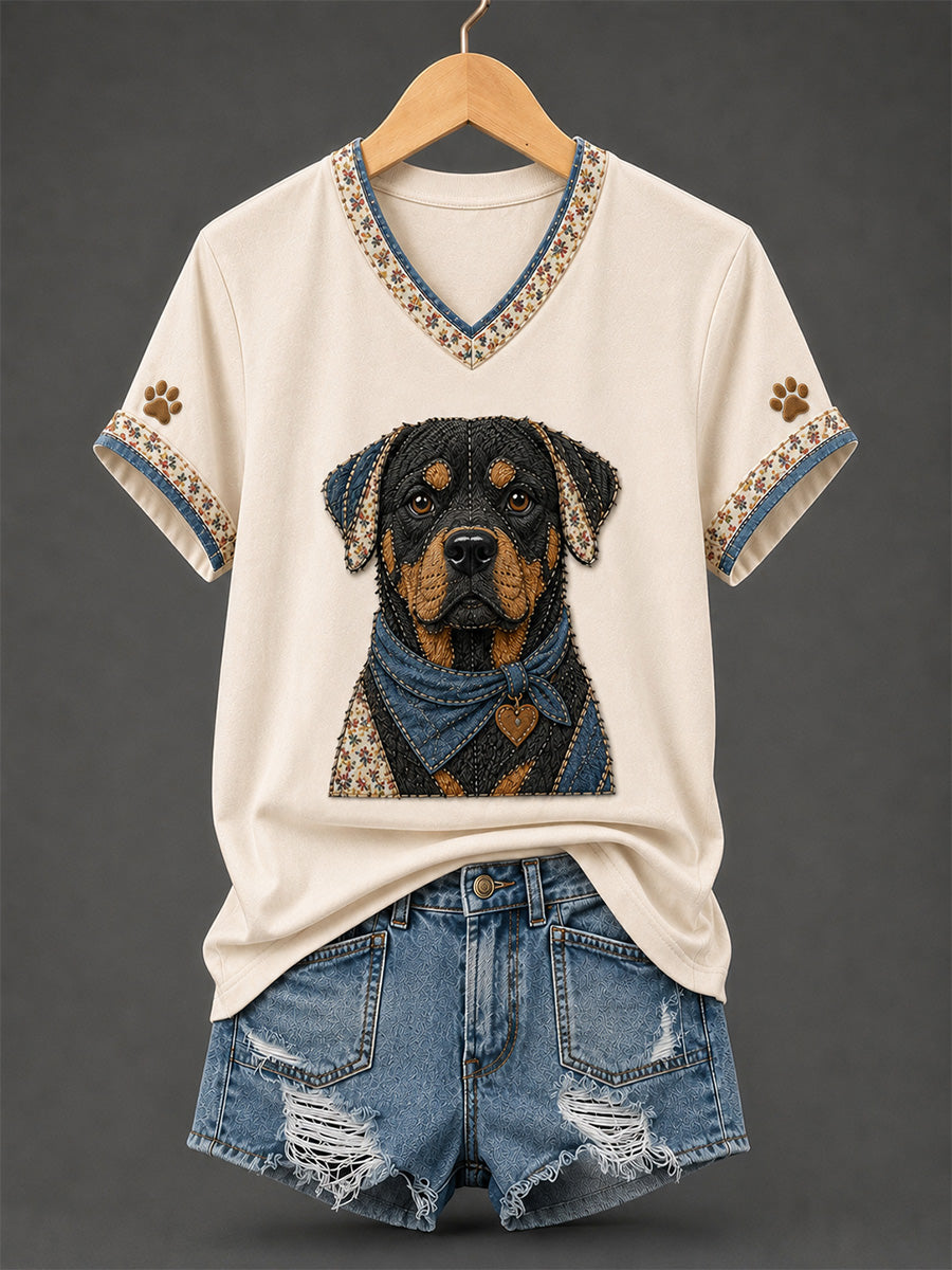 Damen Retro Patchwork Hund Print V-Ausschnitt T-Shirt