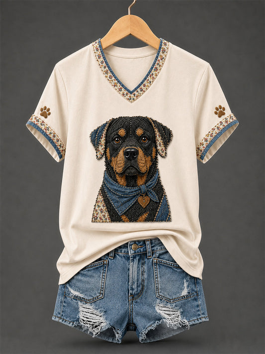 Damen Retro Patchwork Hund Print V-Ausschnitt T-Shirt