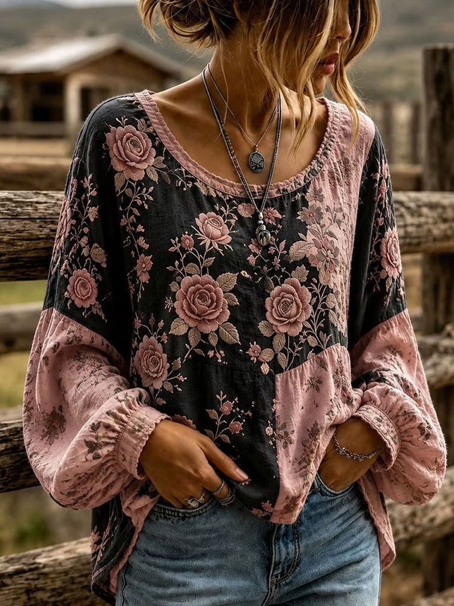 Leinen hemd aus westlicher Blumen baumwolle für Frauen