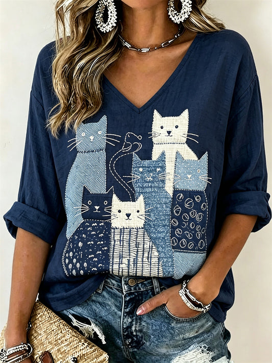 Damen überfüllte Katzen Japanisches Sashiko Kunstdruck Leinen T-Shirt mit mittleren Ärmeln