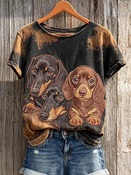 Kurz ärmel iges T-Shirt mit gebleichtem Aufdruck Damen dackel & Hunde mantel muster