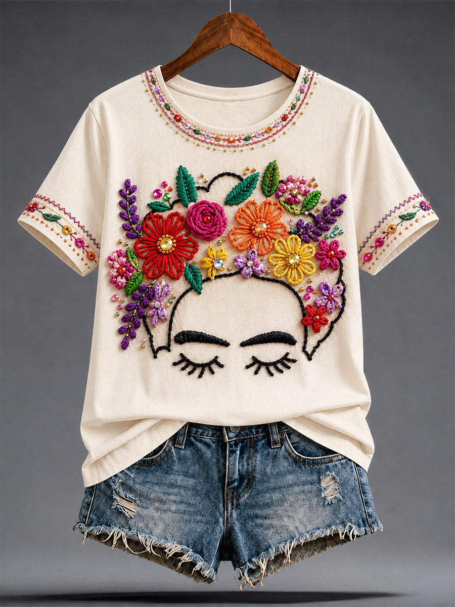 Frauen Mexiko Blumen Kunst Bedrucktes T-Shirt